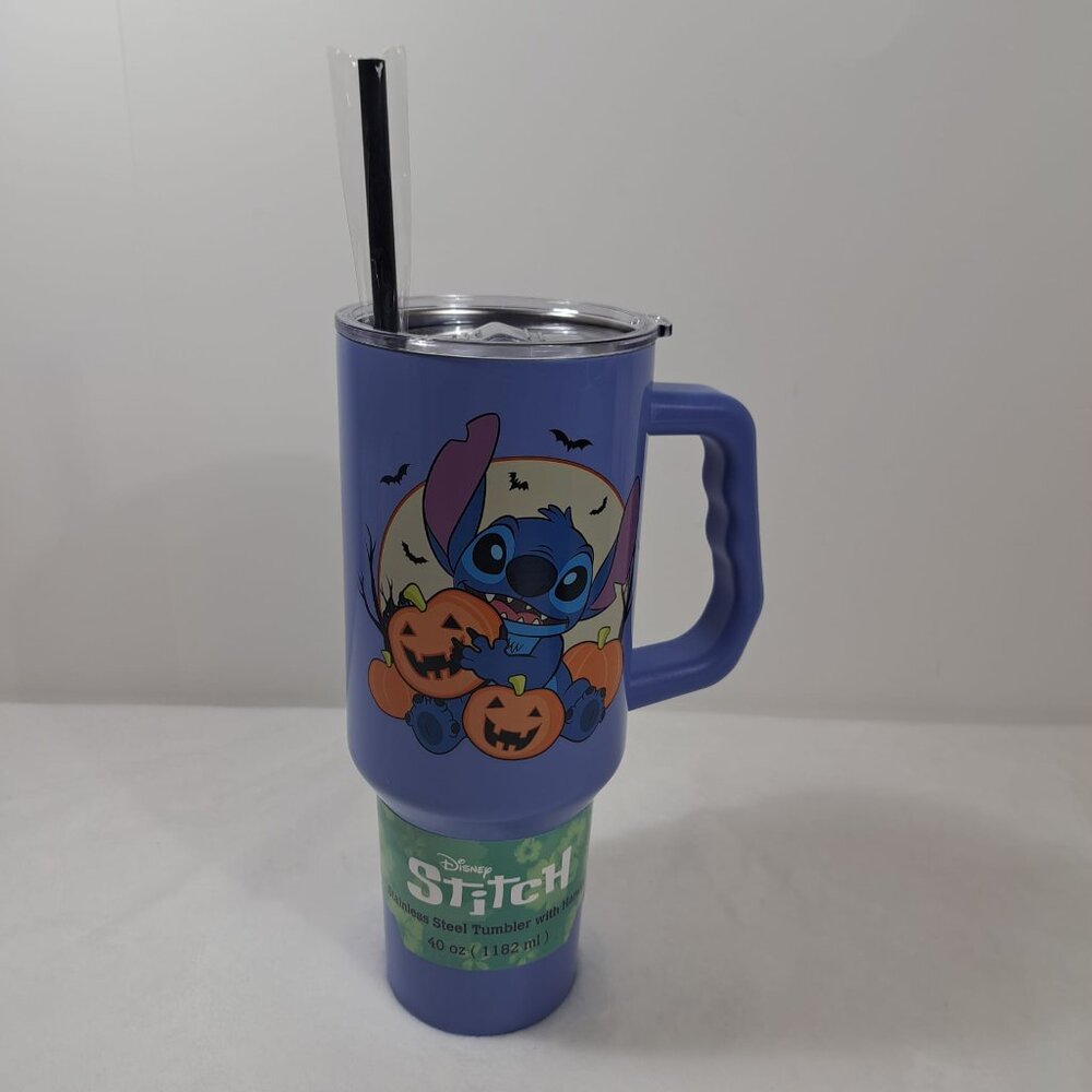 Disney Lilo & Stitch Halloween Boo Purple Steel Tumbler w Straw Bats Pumpkin/NEW